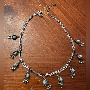 Silvertone choker or anklet with light blue dangles